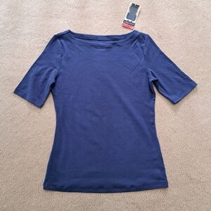 Ellen Tracy Blue Short Sleeve Tee Size Medium Casual Boatneck T-Shirt NWT